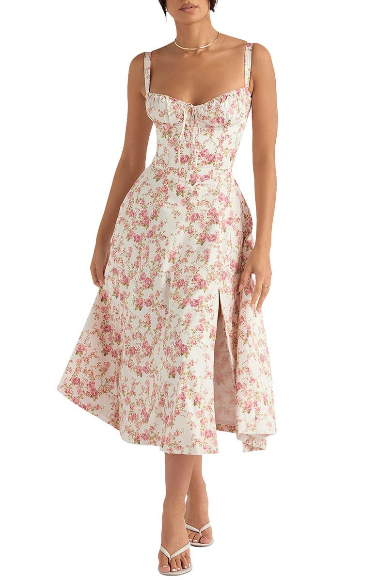 Liv | Flowered bustier dress with waist shaping