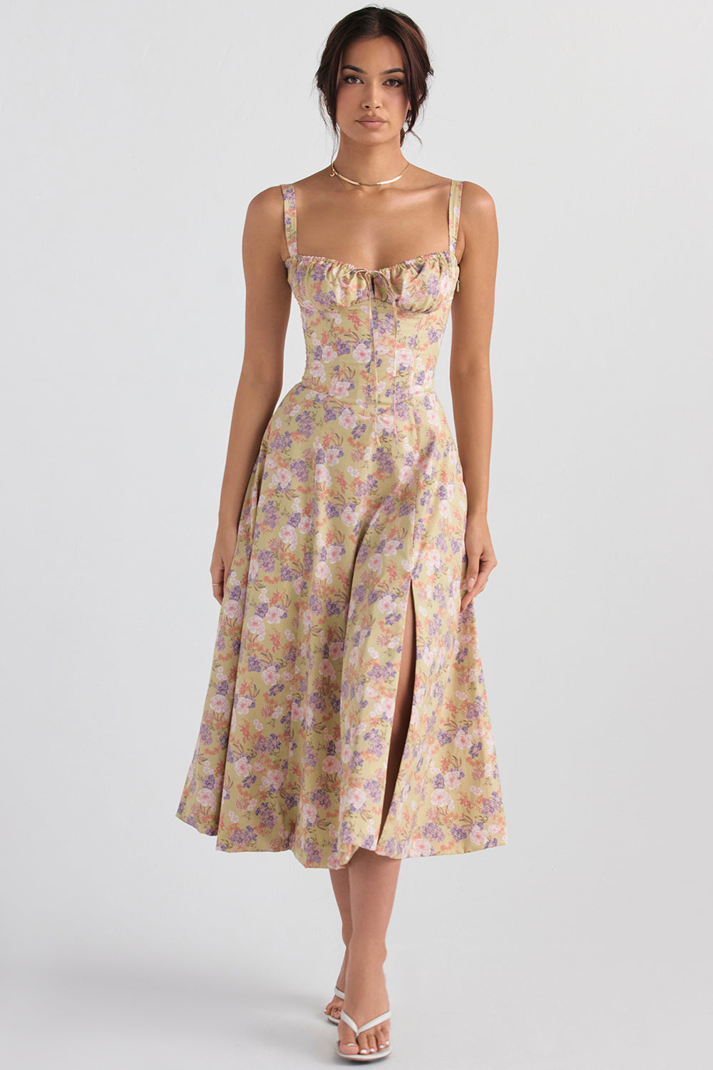 Liv | Flowered bustier dress with waist shaping